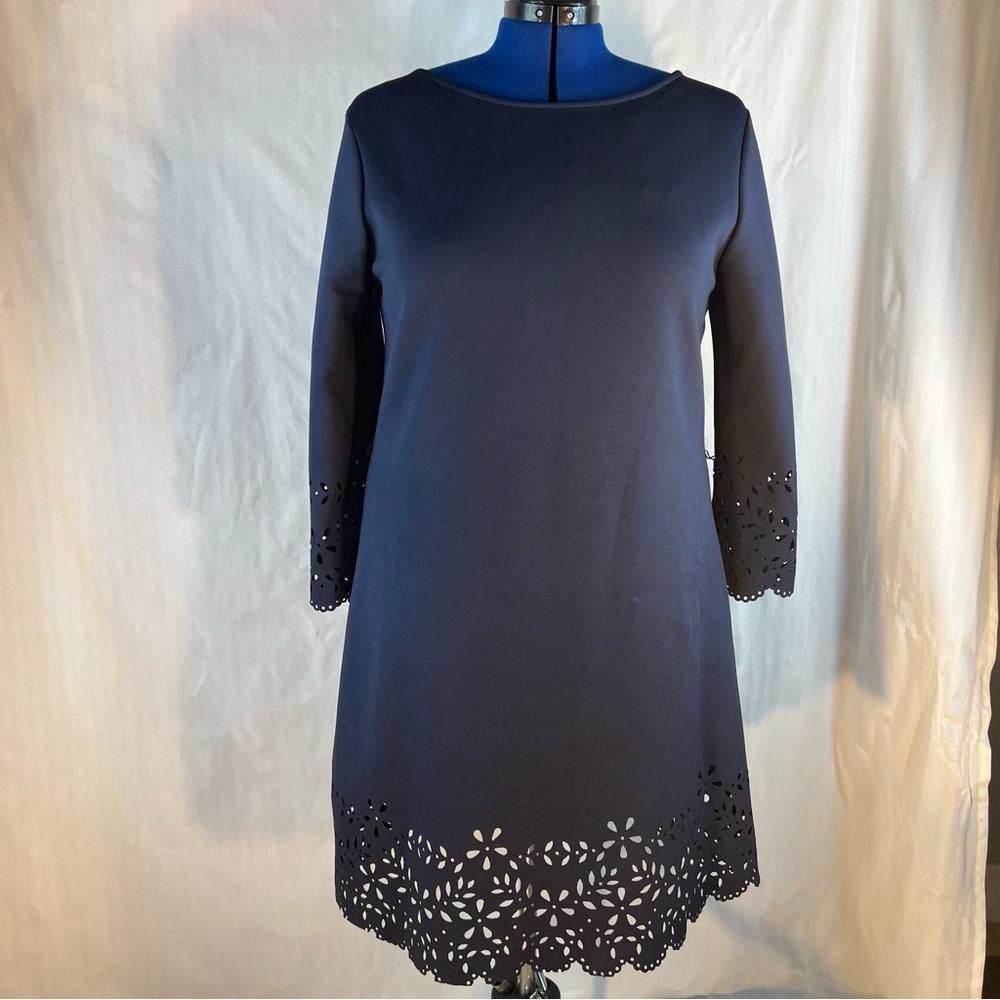 Christin Michaels Navy Blue Sheath Dress Scuba Lazor Cut Outs on Hem & Cuffs 14👍